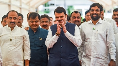 Maharashtra Deputy Chief Minister Devendra Fadnavis with BJP MLAs during the Special session of Maharashtra Assembly, at Vidhan Bhavan in Mumbai. (PTI) Maharashtra Deputy Chief Minister Devendra Fadnavis with BJP MLAs during the Special session of Maharashtra Assembly, at Vidhan Bhavan in Mumbai. (PTI)