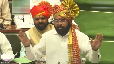 Maharashtra Chief Minister Eknath Shinde speaks during a special session of the assembly, at Vidhan Bhavan in Mumbai, (PTI) Maharashtra Chief Minister Eknath Shinde speaks during a special session of the assembly, at Vidhan Bhavan in Mumbai, (PTI)