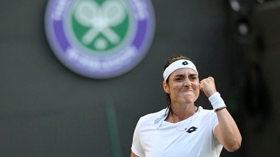Tunisia's Ons Jabeur reacts during her fourth round match against Belgium's Elise Mertens (REUTERS)