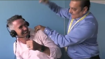 Ravi Shastri jokes with Kevin Pietersen in the commentary box. (Screengrab) Ravi Shastri jokes with Kevin Pietersen in the commentary box. (Screengrab)