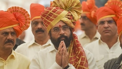 Maharashtra CM Eknath Shinde along with rebel Shiv Sena MLAs arrive for a special session of Maharashtra assembly at Vidhan Bhavan in Mumbai on Sunday. (PTI) Maharashtra CM Eknath Shinde along with rebel Shiv Sena MLAs arrive for a special session of Maharashtra assembly at Vidhan Bhavan in Mumbai on Sunday. (PTI)