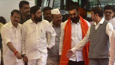Chief minister Eknath Shinde with Santosh Bangar and other MLAs at Vidhan Bhavan on Monday. Anshuman Poyrekar/ HT Photo