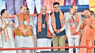 (From left) Union home minister Amit Shah, defence minister Rajnath Singh and BJP president JP Nadda at a public meeting in Hyderabad on Sunday (PTI) (From left) Union home minister Amit Shah, defence minister Rajnath Singh and BJP president JP Nadda at a public meeting in Hyderabad on Sunday (PTI)