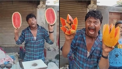 The image, that shows a passionate fruit seller with funny gestures, has been taken from the viral video posted on Reddit. (Reddit/@Crowcin) The image, that shows a passionate fruit seller with funny gestures, has been taken from the viral video posted on Reddit. (Reddit/@Crowcin)