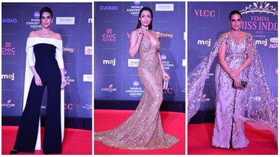 Kriti Sanon, Malaika Arora and Neha Dhupia at the Miss India 2022 event in Mumbai. (Varinder Chawla) Kriti Sanon, Malaika Arora and Neha Dhupia at the Miss India 2022 event in Mumbai. (Varinder Chawla)