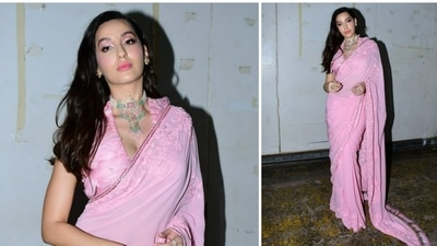 Nora Fatehi was seen in a pink saree on the sets of Dance Deewane Juniors. (Varinder Chawla) Nora Fatehi was seen in a pink saree on the sets of Dance Deewane Juniors. (Varinder Chawla)