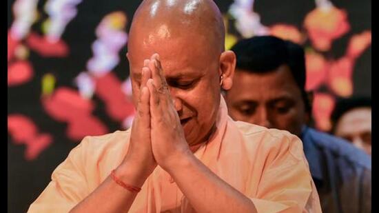 UP chief minister Yogi Adityanath during a press conference on the completion of 100 days of his government in his second tenure, at Lok Bhawan in Lucknow, Monday. (PTIPhoto)