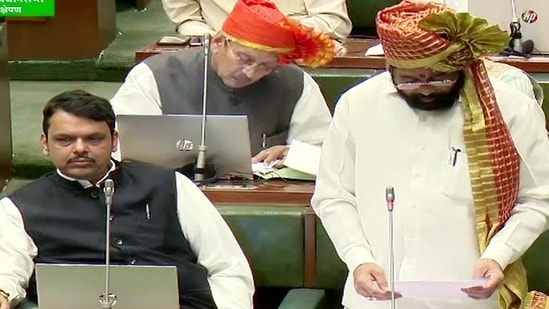 Maharashtra Chief Minister Eknath Shinde speaks at the Assembly as deputy CM Devendra Fadnavis looks on.(ANI)