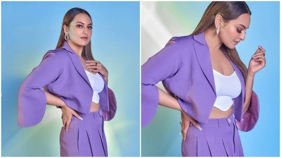 Sonakshi Sinha keeps it bold yet very chic in this lavender co-ord set comprised of a cropped jacket and trousers.(Instagram/@aslisona)