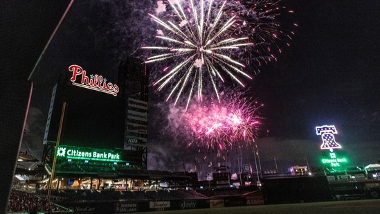 Fireworks erupt in celebration of the Independence Day holiday over Citizens Bank Park after a baseball game between Philadelphia Phillies and St. Louis Cardinals in Philadelphia.(AP)