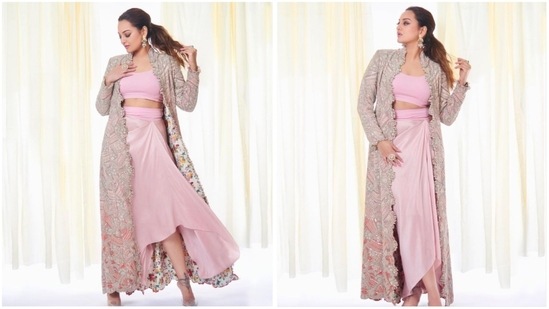Sonakshi Sinha's previous Instagram post in a pink skirt set has us all smittened. In the pictures, the Dabangg actor can be seen donning a pastel pink skirt set which she teamed with an embellished jacket.(Instagram/@aslisona)