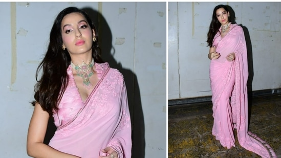 Nora Fatehi was seen in a pink saree on the sets of Dance Deewane Juniors. (Varinder Chawla)