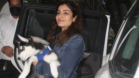 Raveena Tandon too was spotted in Mumbai on Monday with her pet. (Varinder Chawla)