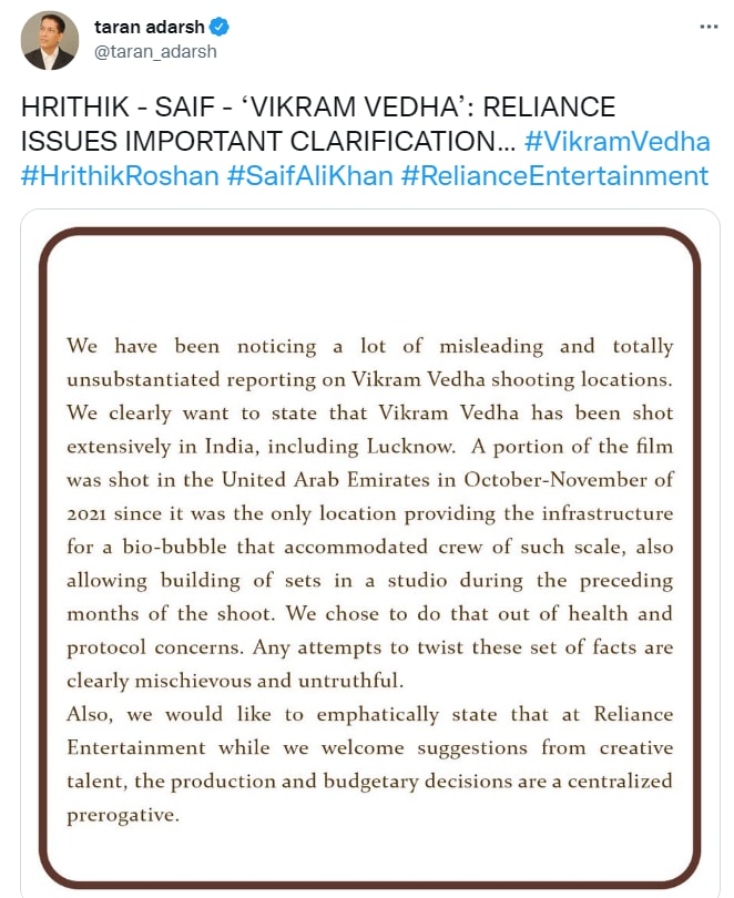 Reliance Entertainment issues clarification on Vikram Vedha budget.