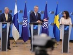 Finland's Foreign Minister Pekka Haavisto, left, Sweden's Foreign Minister Ann Linde, right, and NATO Secretary General Jens Stoltenberg attend a media conference after the signature of the NATO Accession Protocols for Finland and Sweden in the NATO headquarters in Brussels. Finland's Foreign Minister Pekka Haavisto, left, Sweden's Foreign Minister Ann Linde, right, and NATO Secretary General Jens Stoltenberg attend a media conference after the signature of the NATO Accession Protocols for Finland and Sweden in the NATO headquarters in Brussels.