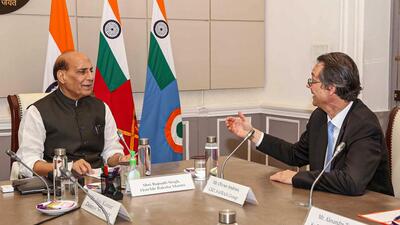 Defence minister Rajnath Singh with the CEO of Safran, Olivier Andriès, in New Delhi on Tuesday. (PTI) Defence minister Rajnath Singh with the CEO of Safran, Olivier Andriès, in New Delhi on Tuesday. (PTI)