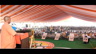 Chief minister Yogi Adityanath addressing the gathering after launching the plantation drive in Chitrakoot on Tuesday. (HT Photo) Chief minister Yogi Adityanath addressing the gathering after launching the plantation drive in Chitrakoot on Tuesday. (HT Photo)
