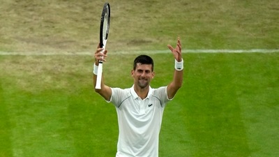 Serbia's Novak Djokovic celebrates defeating Tim van Rijthoven of the Netherlands during a men's fourth round singles match on day seven of the Wimbledon tennis championships in London. (AP) Serbia's Novak Djokovic celebrates defeating Tim van Rijthoven of the Netherlands during a men's fourth round singles match on day seven of the Wimbledon tennis championships in London. (AP)