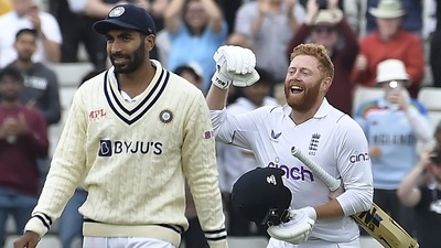 IND vs ENG: Jonny Bairstow runs past Jasprit Bumrah to celebrate scoring a century during the fifth day of the fifth cricket test match. (AP)