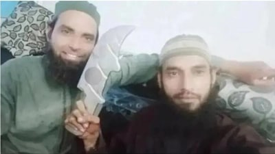 Riyaz Attari and Ghous Mohammed brandish knife with which they murdered Kanhaiya Lal.&nbsp;
