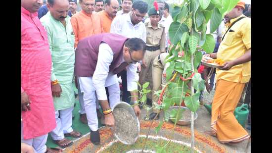 UP Deputy CM Brajesh Pathak at the tree plantation event at Kanihar lake in Jhunsi at Prayagraj on Tuesday. (HT)