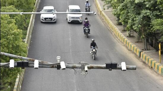 A view of ITMS cameras placed on a road in Noida on Tuesday. (Sunil Ghosh/ HT)