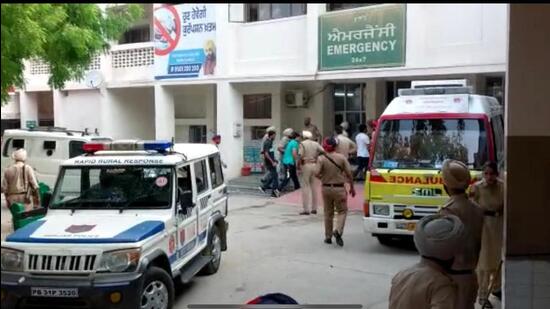 The four accused being taken to the civil hospital in Mansa for medical examination before they were produced before the chief judicial magistrate on Tuesday. (Sanjeev Kumar/HT)