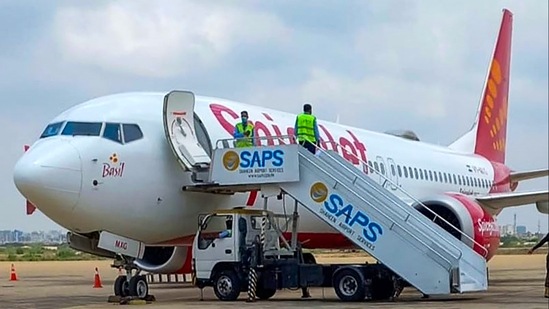 Dubai-bound SpiceJet Boeing 737 Max aircraft after its landing following a fuel indicator malfunction, at Karachi Airport. (PTI Photo)