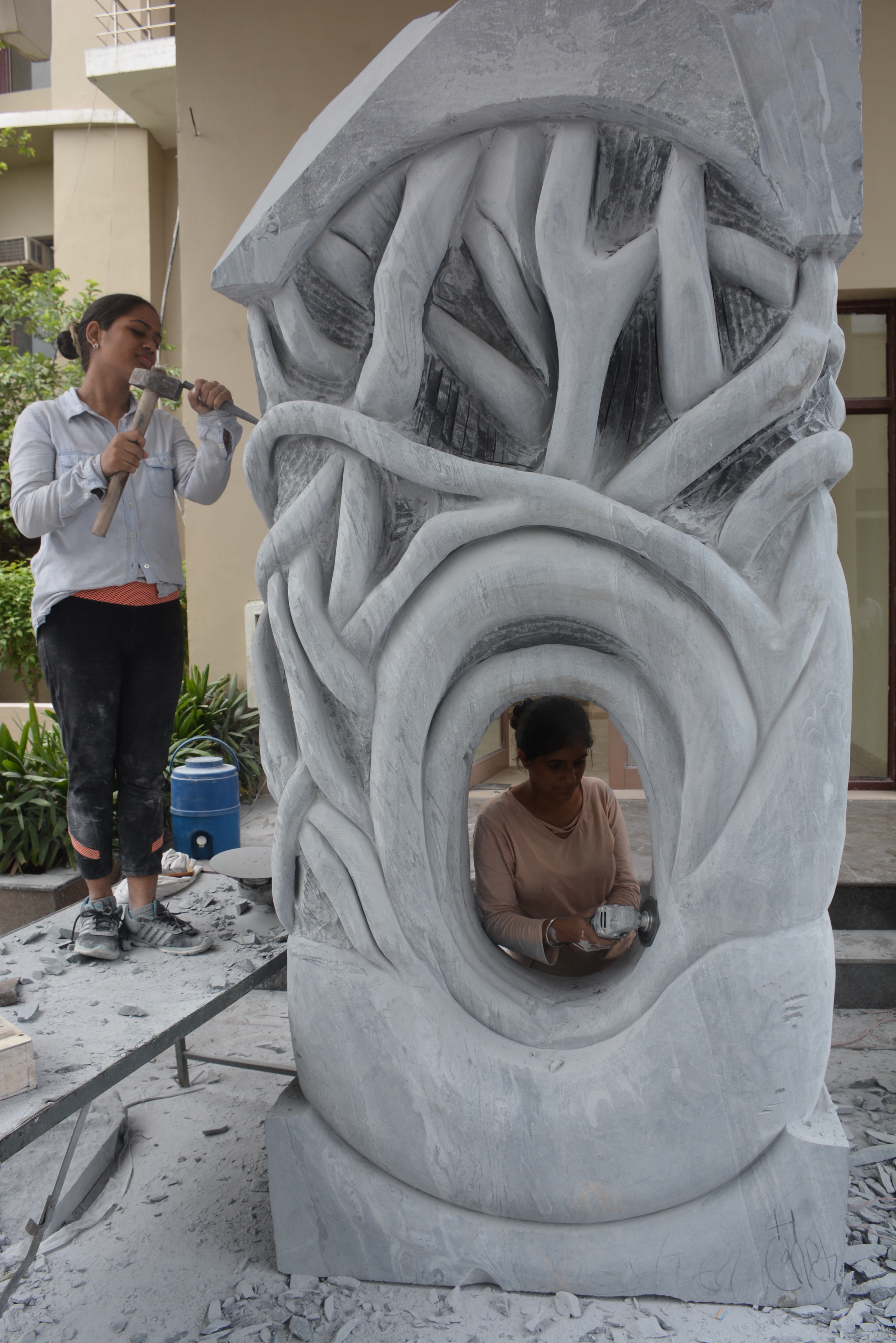 Artists Swati Nautiyal and Raveena working on a sculpture. Artists Swati Nautiyal and Raveena working on a sculpture.