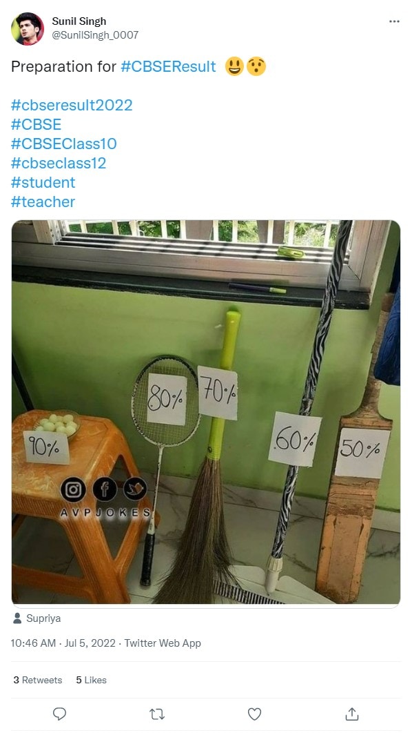 Screenshot of a tweet shared by an individual on CBSE Results 2022. (Twitter/@SunilSingh_0007) Screenshot of a tweet shared by an individual on CBSE Results 2022. (Twitter/@SunilSingh_0007)