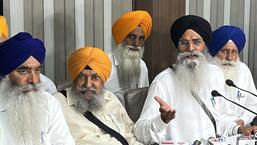 SGPC president Harjinder Singh Dhami addressing a press conference in Amritsar on Wednesday. (Sameer Sehgal/HT)