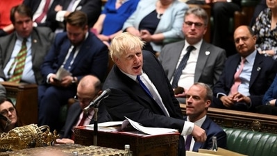 British Prime Minister Boris Johnson speaks during Prime Minister's Questions at the House of Commons in London, Britain. ( REUTERS)