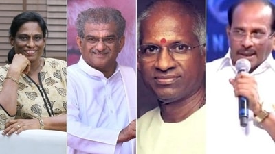 Athlete PT Usha, Philanthropist Prasad Veerendra Heggade, music composer Ilaiyaraaja and famous director and screenwriter KV Vijayendra Prasad (From L to R).