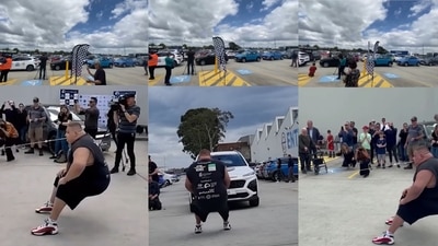 The image that shows the man pulling cars with his teeth has been taken from the video shared by Guinness World Records. (Instagram/@guinnessworldrecords) The image that shows the man pulling cars with his teeth has been taken from the video shared by Guinness World Records. (Instagram/@guinnessworldrecords)