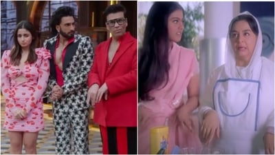 Alia Bhatt, Ranveer Singh, and Karan Johar recreate Kabhi Khushi Gham scene. Alia Bhatt, Ranveer Singh, and Karan Johar recreate Kabhi Khushi Gham scene.
