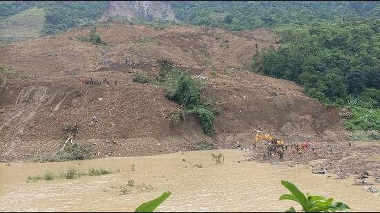 A landslide, said to be the first of such magnitude in Manipur, hit a railway construction camp, about 75 km west of the state capital, after the midnight on June 29. (HT File Photo)