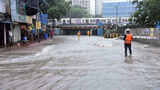 On Tuesday, heavy showers in Mumbai and its adjoining areas caused water-logging at a number of places, including railway tracks, which had led to train delays and affected vehicular movement on roads.(ANI)