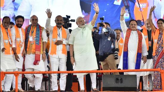 Prime Minister Narendra Modi and other BJP leaders at a public meeting in Hyderabad. (FILE PHOTO)