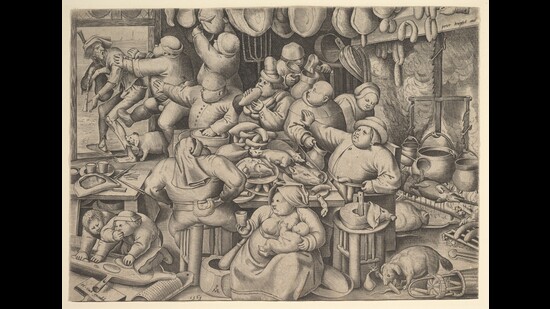 Khalid Jawed’s novel calls to mind the surreal paintings of the medieval era like The Fat Kitchen (1563) by Pieter van der Heyden. (Heritage Art/Heritage Images via Getty Image)