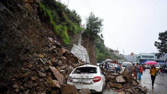 Meanwhile, two persons were injured after a landslide struck at Saloti village in Nirmand Tehsil of Kullu district, Himachal Pradesh. Heavy rain wreaked havoc in Kullu district, where a flash flood at Malana left 30 workers of the local hydel project trapped in the morning. (HT FILE)