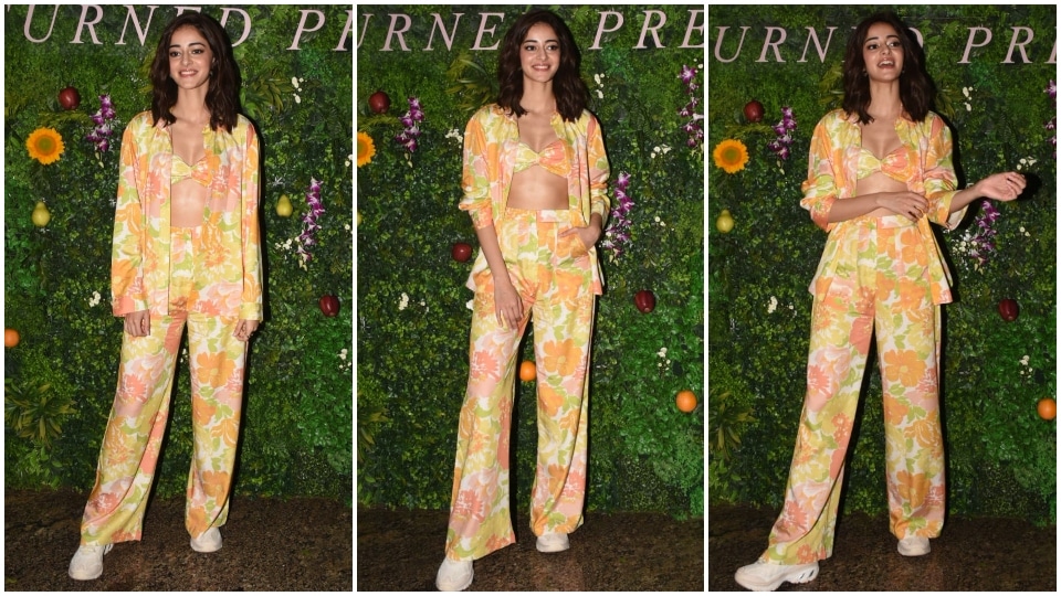 Ananya Panday in a floral bikini top, pants and shirt set.&nbsp;(HT Photo/Varinder Chawla)