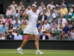 Tunisia's Ons Jabeur celebrates winning a point against Germany's Tatjana Maria in a women's singles semifinal match on day eleven of the Wimbledon tennis championships in London.