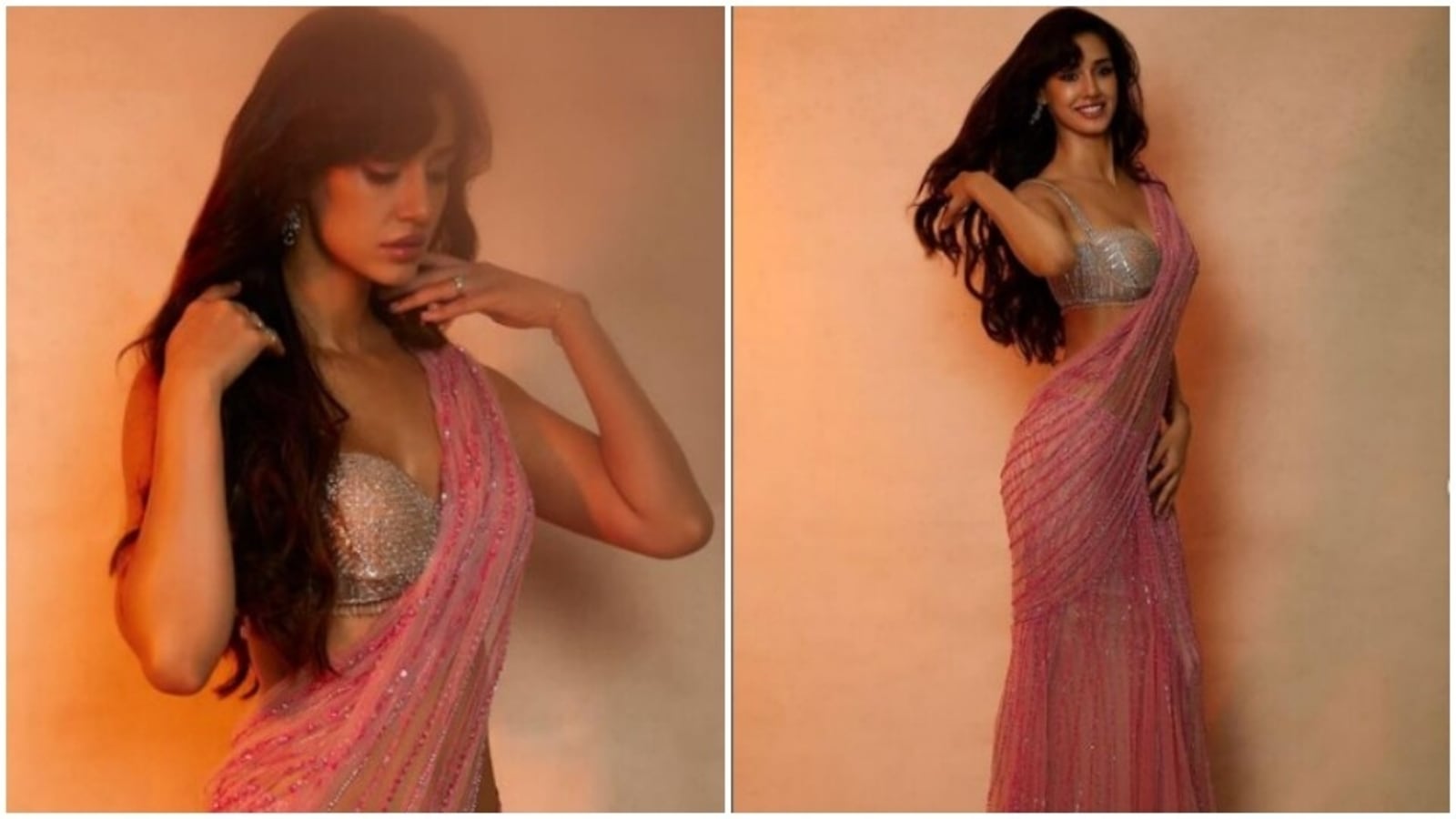 Disha Patani sizzles in a pastel pink saree, silver bralette. Pics inside