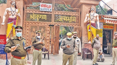 Police personnel guard the Shri Krishna Janmabhoomi temple in Mathura. (PTI File Photo) Police personnel guard the Shri Krishna Janmabhoomi temple in Mathura. (PTI File Photo)