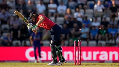 Bhuvneshwar Kumar got the Indian defence to a flier, dismissing England captain Jos Buttler for a golden duck. (AP) Bhuvneshwar Kumar got the Indian defence to a flier, dismissing England captain Jos Buttler for a golden duck. (AP)