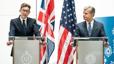 MI5 Director General Ken McCallum, left, and FBI Director Christopher Wray attend a joint press conference at MI5 headquarters, in central London. (AP) MI5 Director General Ken McCallum, left, and FBI Director Christopher Wray attend a joint press conference at MI5 headquarters, in central London. (AP)
