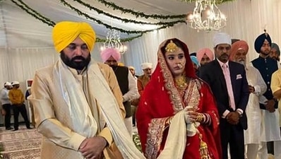 Punjab chief minister Bhagwant Mann and Dr Gurpeet Kaur during their wedding ceremony. (HT image)