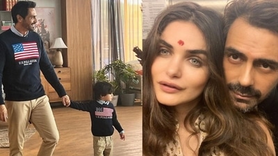 Arjun Rampal and his son Arik Rampal in matching outfits. Arjun Rampal and his son Arik Rampal in matching outfits.