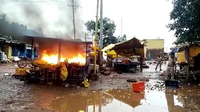 A roadside shop was set on fire during the clash at Kerur, in Bagalakote on Thursday. (ANI) A roadside shop was set on fire during the clash at Kerur, in Bagalakote on Thursday. (ANI)