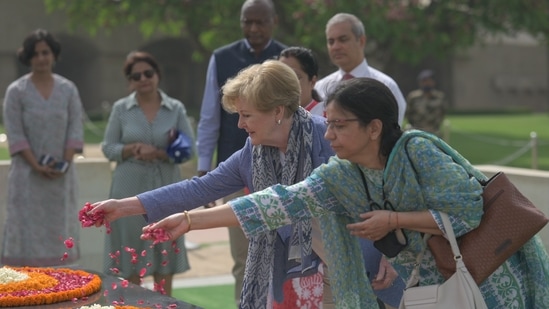 UNHCR Assistant High Commissioner for Protection, Ms. Gillian Triggs pays floral tribute to Mahatma Gandhi at Rajghat.